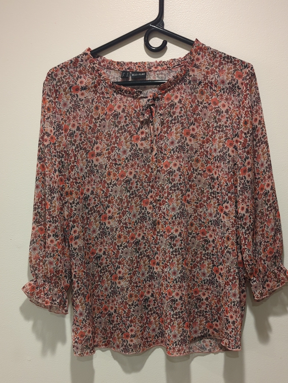 Body Flirt Coral Pink Floral Tie-Front Lightweight Chiffon Blouse Eur 40